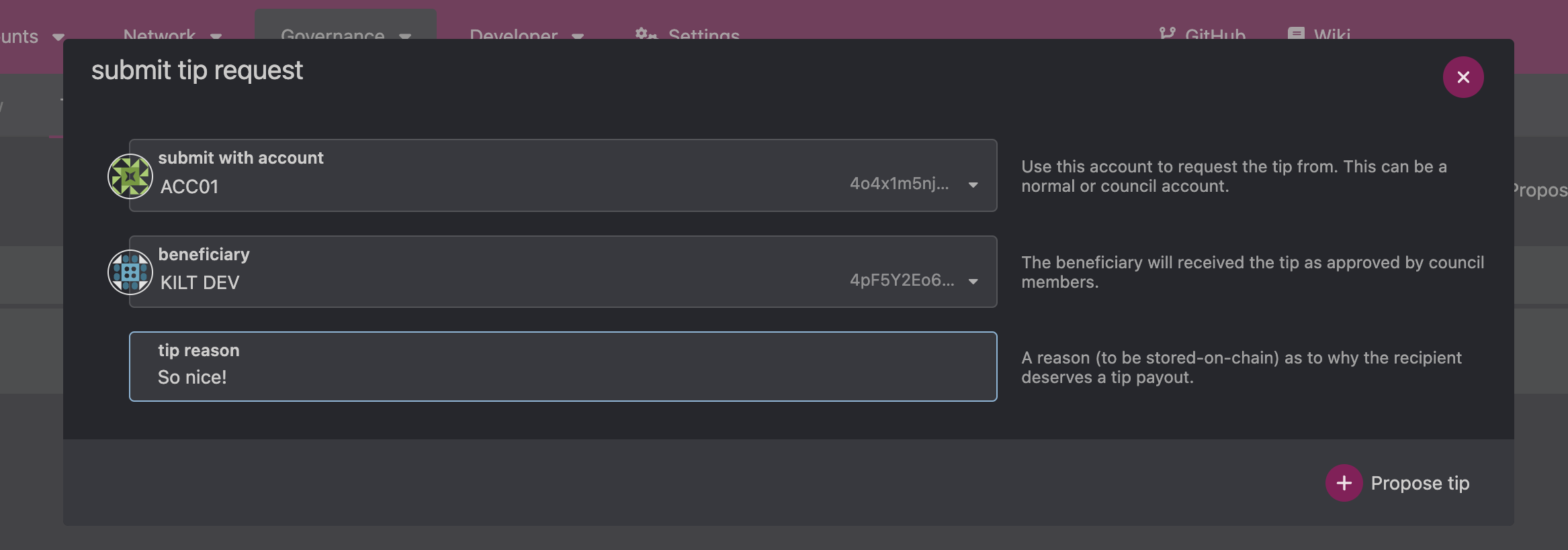 A screenshot showing selecting the tip request dialog